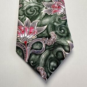 Oscar de la Renta Tie Mens 60in 4in Width Green 100% Silk Floral Paisley Necktie
